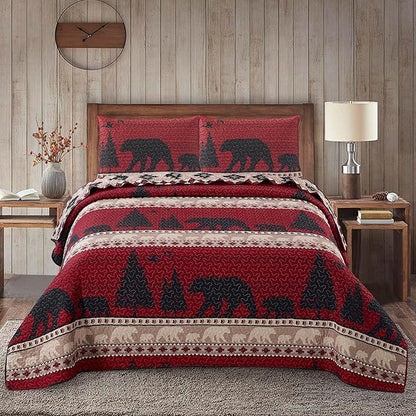 Virah Bella 3 Piece King Cabin Quilt Bedding Set - Creekside Bear - Rustic Country Reversible Patchwork Comforter Set with Decorative Pillow Shams