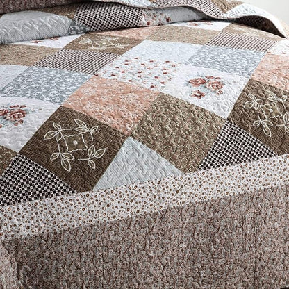 HoneiLife Quilt Set King Size - 3 Piece Microfiber Reversible Bedspreads Patchwork Coverlet Floral Bedding Set All Season Quilts- Splicing Mocha Rose