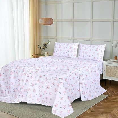RUVANTI 100% Cotton Sheets – Full Size Percale Bedding, Cooling & Breathable Floral Design, Durable with a Crisp, Soft & Comfortable Feel, 16" Deep Pocket, 4-Piece Set, Funa Flora