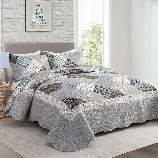 Travan 3-Piece Quilt Set Quilted Bedspread Garden Style Floral Printed Oversized Microfiber Lightweight Coverlet Set with Shams, Exquisite, King Size