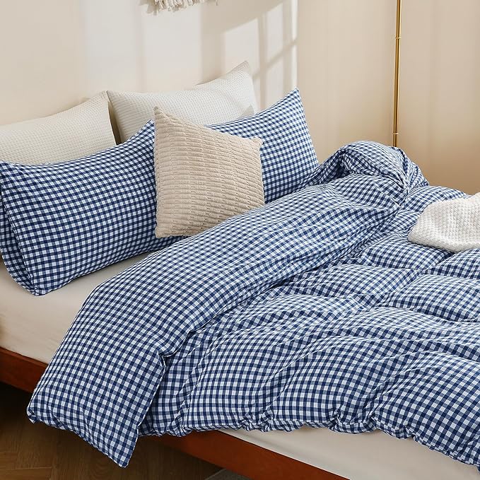 TOCOMOA Navy Blue Gingham Duvet Cover Bedding Set 100% Washed Cotton Like Linen Feel Super Soft Comfy 3 Piece Dark Blue Plaid Checkered Comforter Cover Set (Queen 90"x90", Comforter Not Included)