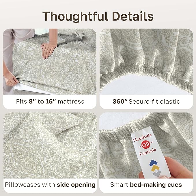 California Design Den Full Size Bed Sheets Set - 400 Thread Count Sateen, Natural 100% Cotton Sheets, Deep Pocket and Durable Bedding - Paisley Pattern, Beige