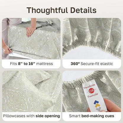 California Design Den Full Size Bed Sheets Set - 400 Thread Count Sateen, Natural 100% Cotton Sheets, Deep Pocket and Durable Bedding - Paisley Pattern, Beige