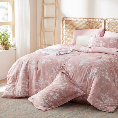Bedsure Full Size Comforter Set - 7 Pieces Floral Pink Soft Bedding Sets, Full Bed in a Bag with Botanical Flowers Comforter, Sheets, Pillowcases & Shams