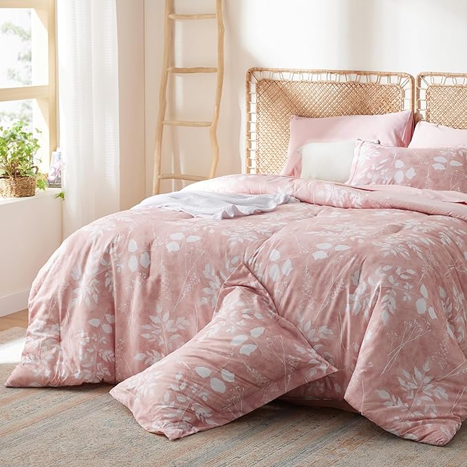Bedsure Twin Comforter Set - 5 Pieces Floral Pink Soft Bedding Sets, Twin Bed in a Bag with Botanical Flowers Comforter, Sheets, Pillowcase & Sham