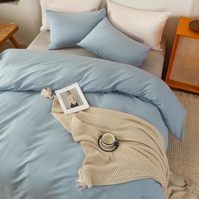 ECOCOTT 100% Washed Cotton Duvet Cover California King Size – Soft & Breathable Linen Feel Bedding Set, 3 Pieces Light Blue Comforter Cover with Zipper Closure for All Seasons