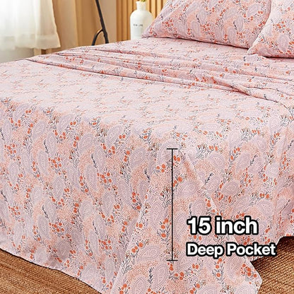 JSD Pink Paisley Floral Sheet Set Cal King, 4 Piece Soft Printed Microfiber Sheets Extra Deep Pocket