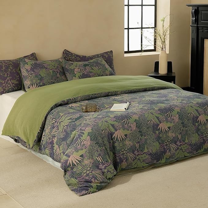 BISELINA 100% Cotton Muslin Duvet Cover Set King, 3 Pcs Yarn-Dyed Jacquard Textured Reversible Botanical Floral, Soft and Breathable Bedding Set with Zipper Closure, Purple Green