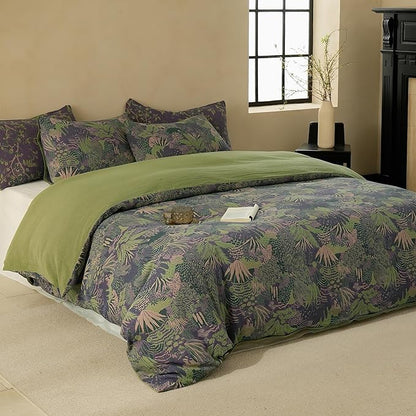 BISELINA 100% Cotton Muslin Duvet Cover Set King, 3 Pcs Yarn-Dyed Jacquard Textured Reversible Botanical Floral, Soft and Breathable Bedding Set with Zipper Closure, Purple Green