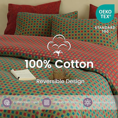 BISELINA 100% Cotton Muslin Duvet Cover Set Queen, 3 Pcs Yarn-Dyed Jacquard Textured Vintage Geometric Checkered Pattern, Soft and Breathable Bedding Set with Zipper Closure, Green Red