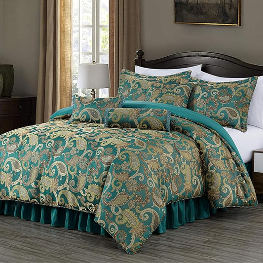 Chezmoi Collection Adelle 7-Piece Paisley Jacquard Embroidered Comforter Bedding Set, Queen, Teal