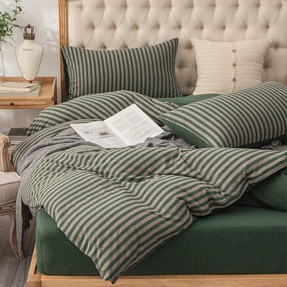 PURE ERA Jersey Knit Duvet Cover Set 100% T-Shirt Heather Cotton Super Soft Comfy Classic Striped Design, with Zipper Closure, Forest Green Stripe, Cal King