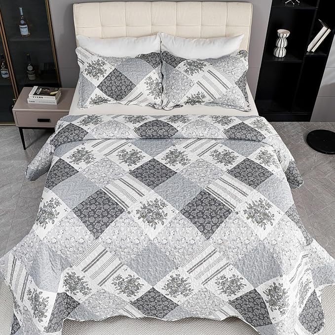 Cmfshape Summer Floral King Bedspread,Romantic Grey Quilt Set King,Reversible Stitched Bedding Set All Season,Soft Lightweight Coverlet with Pillow Cases (Dark Grey, King102 x90)