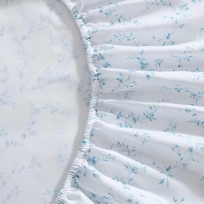 Laura Ashley - Twin Comforter Set, Soft & Reversible Floral Bedding with Bonus Bed Sheets & Pillowcases, 5 Piece Bed Set for Year Round Comfort (Delphine Saras/Sprig Blue)
