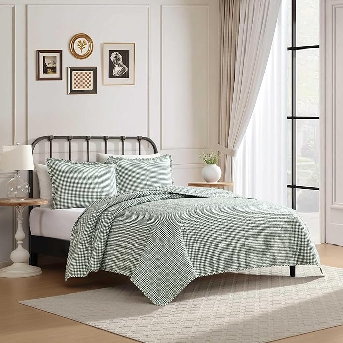 Laura Ashley - King Quilt Set, Pre-Washed Cotton Bedding with Matching Sham, Lightweight for Year Round Use, Oeko-Tex Certified (Gracies Gingham Green)