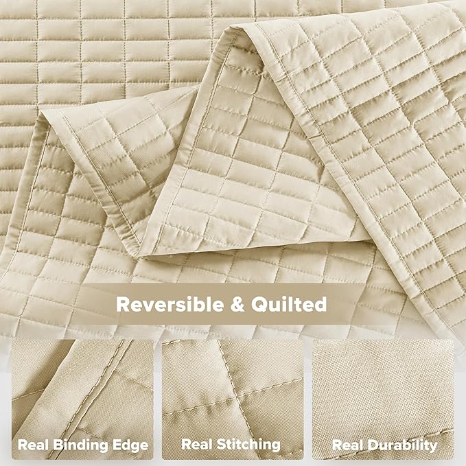 Comfort Spaces Ivory Oversized Queen Quilt Set 102"x118" Bedspread Quilted Summer Lightweight Microfiber Bedding Coverlet with Double Sided Stitching Soft All Season Cozy 3 Piece with Matching Shams