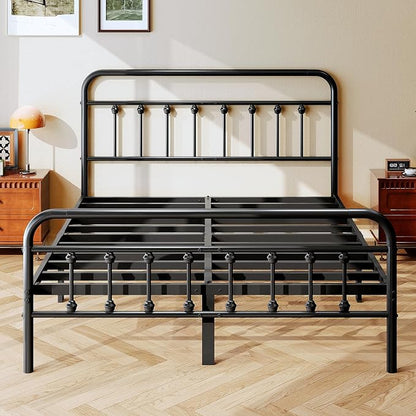 zunatu Queen Size Metal Bed Frame with Victorian Style Headboard and Footboard, Steel Slat Support Platform Bed, No Box Spring Needed, Under Bed Storage, Easy Assembly, Black