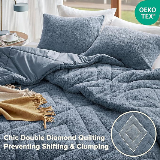 Comfort Spaces King Comforter Set Reversible Feather-Soft Plush Comforters for King Size Bed All Season Lightweight Shearling Fleece Sherpa Comforter King Size Bed Set, King/Cal King, Blue 3 Piece