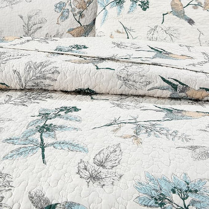 DURLENGEN Birds & Floral 100% Cotton Queen Quilt 3Pcs,Reversible Birds & Flowers Pattern on White,Luxury Lightweight Coverlet Sets for All Season(Queen 90x96,Birds & Floral)