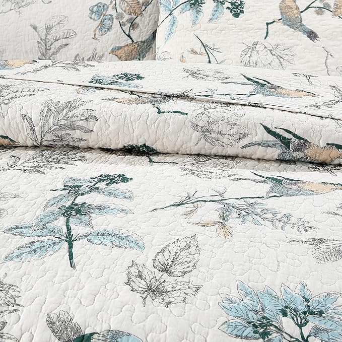 DURLENGEN Birds & Floral 100% Cotton King Quilt 3Pcs,Reversible Birds & Flowers Pattern on White,Luxury Lightweight Coverlet Sets for All Season(King 106x96,Birds & Floral)