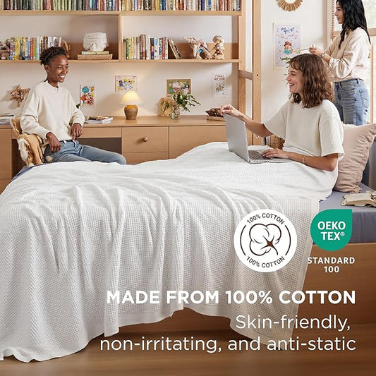 Bedsure Gentlesoft 100% Cotton Blanket Twin XL Size for College Dorm - Cooling Breathable and Soft for Spring Summer, Waffle Weave Twin Blanket for Bed, Dorm Room Essentials, White, 66x90 inches