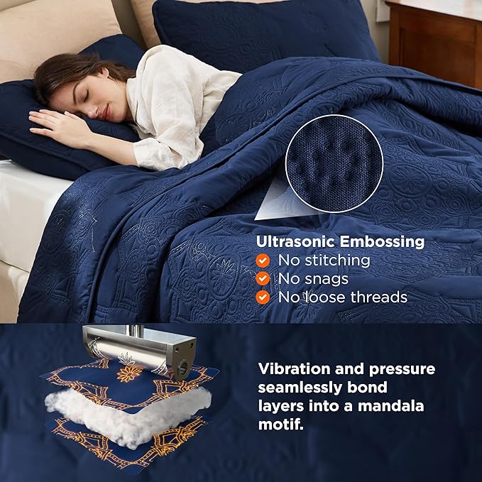Bedsure King Quilt - Navy Blue Bedspread King Size & Lightweight Comforter, Modern Coverlet with Mandala Pattern, Ultra Soft All-Season Bedding, 106 x 96 Inches | Stitch-Free Quilting, Ultra Soft, Lightweight, Machine Washable, Pet-Friendly