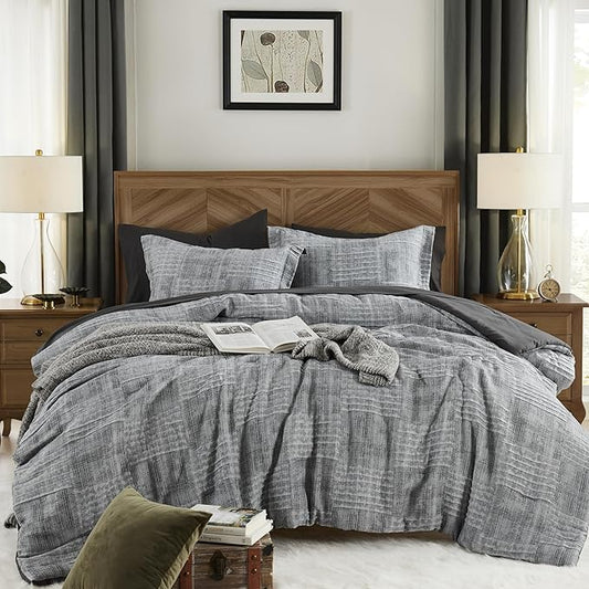 MaiRêve Charcoal Grey Oversized Queen Comforter Set, Textured Design Crinkle Bed in A Bag, 7 Pieces Bedding Set with Comforter, Sheets, Pillowcases & Shams 98"x 98"