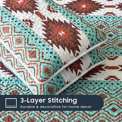 Wake In Cloud - Western Quilt Set, Southwestern Aztec Country Style with Rustic Ranch Vibe, Reversible Lightweight Bedspread Coverlet, 3 Pieces, Turquoise Brown, King Size