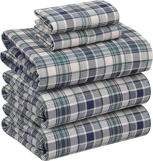 RUVANTI 100% Cotton Sheets – Split King Size Percale Bedding, Cooling & Breathable Floral Design, Durable with a Crisp, Soft & Comfortable Feel, 16" Deep Pocket, 5-Piece Set, Greenish Blue Plaid