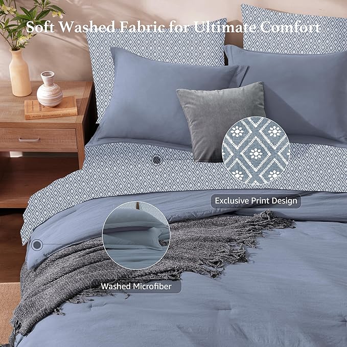 Monbix King Size Comforter Set - 7 Pieces Oxford Blue Prewashed Bed in a Bag King Bedding Sets with Comforters, All Seasons Ultra Soft Comforter Bed Set with Sheets,Pillowcases & Shams