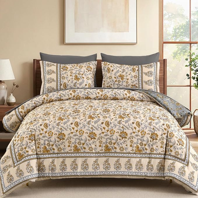 Dinjoy Comforter Set King Size Boho, Reversible Beige Bedding Paisley Floral 7 Piece Bed in a Bag Soft Lightweight Bohemain Comforters with Sheet Sets for All Season