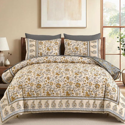 Dinjoy Comforter Set King Size Boho, Reversible Beige Bedding Paisley Floral 7 Piece Bed in a Bag Soft Lightweight Bohemain Comforters with Sheet Sets for All Season