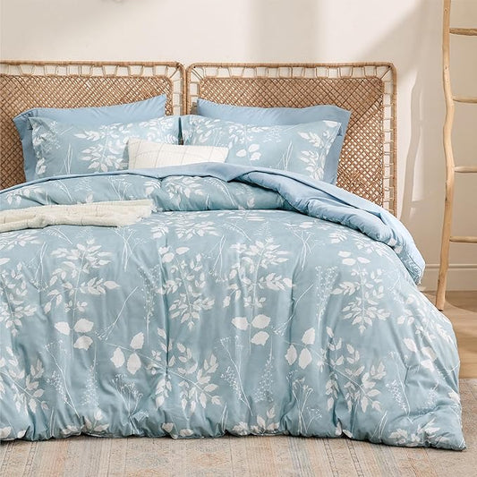 Bedsure Sky Blue Queen Comforter Set - 7 Pieces Floral Bedding Sets, Queen Bed in a Bag with Reversible Botanical Flowers Comforter, Sheets, Pillowcases & Shams