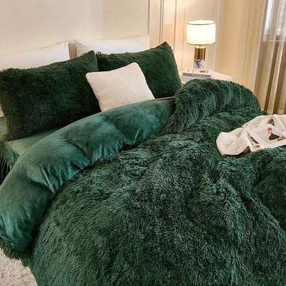 Andency Fluffy Emerald Green Comforter Set Full Size, 3 Pieces Winter Faux Fur Warm Soft Fuzzy Plush Bedding Comforter Set (1 Velvet Comforter & 2 Pillowcases), Thick Heavy Puffy Comfy Bedding Set
