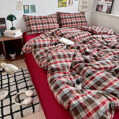 MKXI Full Buffalo Plaid Duvet Cover Set 3-Piece, Lightweight Washed Cotton Farmhouse Bedding, Brown Red Blue Plaid Comforter Cover with Zipper Closure