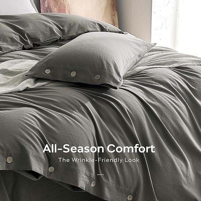 JELLYMONI 100% Washed Cotton Duvet Cover Twin – Soft, Breathable Linen-Look Bedding with Natural Wrinkle Texture, Button Closure, 2-Piece Set (Dark Grey, 68"x90")
