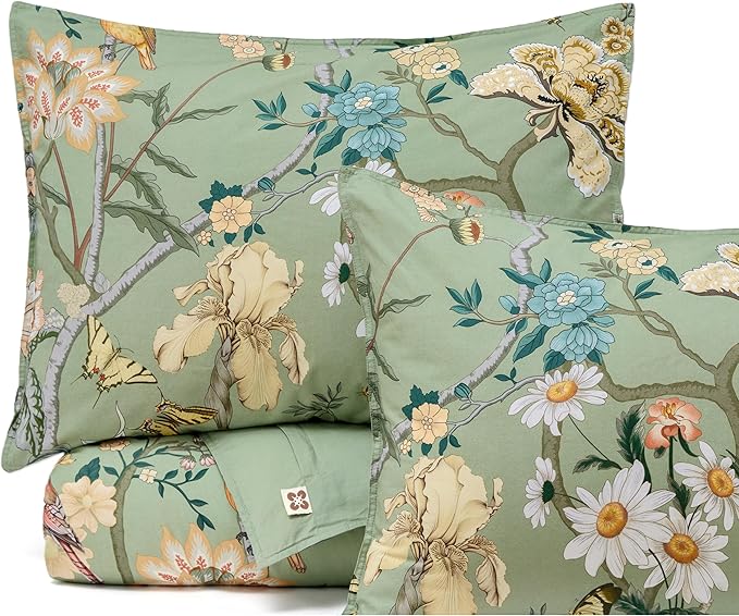 Bedsure Floral Duvet Cover Queen Size - 100% Cotton Reversible Flowers and Birds Pattern Duvet Cover Set, 3 Pieces Soft & Breathable PureWoven Bedding Set with 2 Pillow Shams (Green Garden, 90"x90")