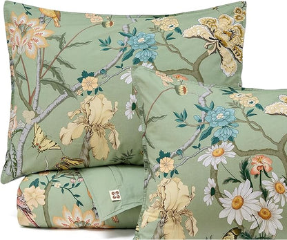 Bedsure Floral Duvet Cover Queen Size - 100% Cotton Reversible Flowers and Birds Pattern Duvet Cover Set, 3 Pieces Soft & Breathable PureWoven Bedding Set with 2 Pillow Shams (Green Garden, 90"x90")