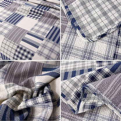 vctops Cotton Quilted Patchwork Quilt Set Queen Size Farmhouse Blue Plaid Bedspreads Coverlet 3 Pieces Summer Lightweight 1 Quilt and 2 Pillow Shams for All Season (Plaid B,Queen)