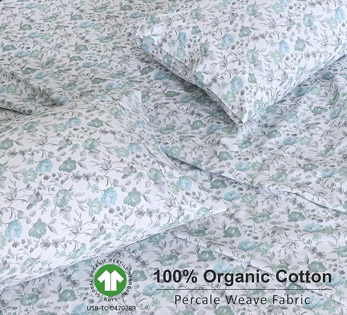 RUVANTI 100% Organic Cotton Sheets Twin Size, Percale Weave, GOTS Certified, 3-Piece Set, Deep Pocket 15", Crisp & Breathable, Soft Durable Bedding, Sábanas Algodón Orgánico – Cold Chrysanthemum