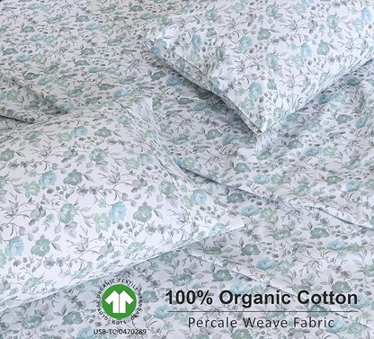 RUVANTI 100% Organic Cotton Sheets California King, Percale Weave, GOTS Certified, 4-Piece Set, Deep Pocket 13", Crisp & Breathable, Soft Durable Bedding, Sábanas Algodón Orgánico – Cold Chrysanthemum