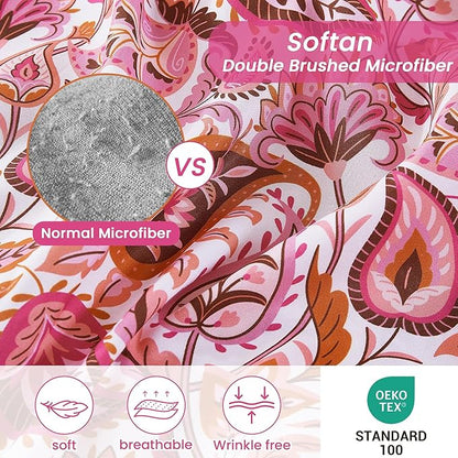Softan Pink Paisley Floral Twin Sheet Set, 3-Piece Cozy Boho Microfiber Printed Fitted Bed Sheet with 15" Deep Pockets & Non-Slip Straps, Kids Girls Patterned Sheets & Pillowcase Set