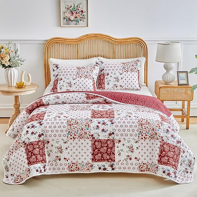 Joyreap 2 Pieces Floral Patchwork Quilt Set Twin, Burgundy Red n White Flowers Design, Smooth Soft Microfiber Quilt, Bedspread Bed Cover for All Season, 68x86 inches
