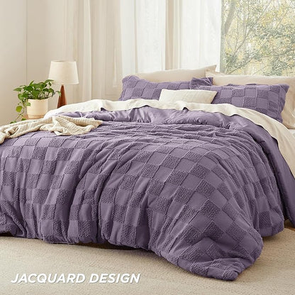 Bedsure King Size Comforter Set Grayish Purple, Boho Tufted Bed Set, Checkered Farmhouse Shabby Chic Bedding, 3 Pieces, 1 Plaid Geometric Comforter and 2 Pillow Shams