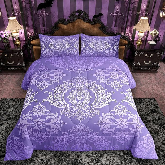 Feelyou Adults Purple Vintage Damask Floral Comforter Set Oriental Antique Comforter Full Size Gothic Bohemia Boho Flower Bedding Set Bohemian Exotic Duvet Set Quilt Set 3Pcs