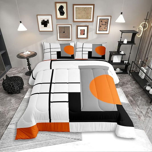 Erosebridal White Black Orange Striped King Bedding Set Boho Modern Geometric Abstract Comforter Set for Adult Women Men Stripes Lines Bed Collections Minimalist Square and Circle Quilt Sets