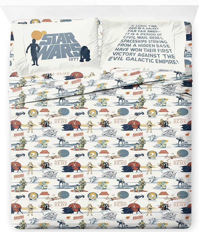 Jay Franco Kids Comforter Set Includes Sheets and Pillow Covers - Soft and Cozy Bed Set for Stylish Room Decor, Blue - Star Wars 01, 7 Piece Queen Bedding