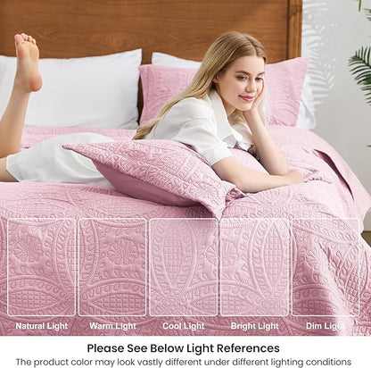 Love's cabin Quilts for Queen Bed Pink Bedspreads - Soft Bed Summer Lightweight Bedspread Comforter - Modern Style Coin Coverlet for All Season - 3 Pieces (1 Quilt, 2 Pillow Shams)