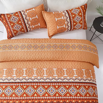 WONGS BEDDING Burnt Orange Boho Quilt Set Full, 3 Pieces Thanksgiving Quilt Bedspread Lightweight Fall Bohemian Coverlet Set, Soft Thanksgiving Bedding Set for All Season 78"×90"