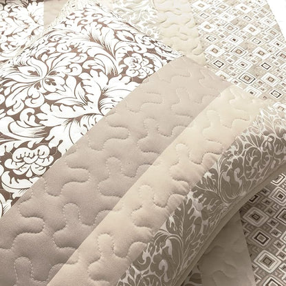Lush Decor Boho Stripe Reversible Cotton Quilt 3-Piece Set, King, Neutral - Bold Colorful Bohemian Bedding Set